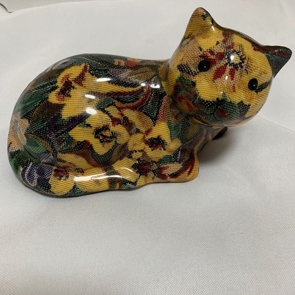 Vintage 1960's  Floral Fabric Glazed  Decoupage Cat Figurine, ceramic decorative - Picture 3 of 9